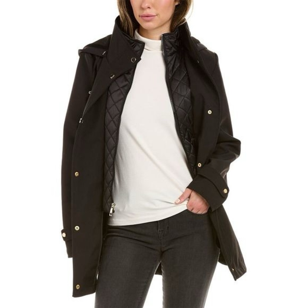 Nautica Black Rain Coat Jacket Quilted Lining Coat w/ Removable Hood Size Large